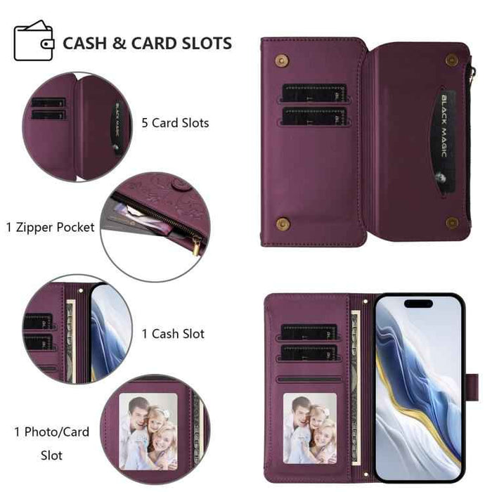For iPhone 16 Pro Butterfly Love Flower Multi-card Zipper Wallet Leather Phone Case(Dark Purple)