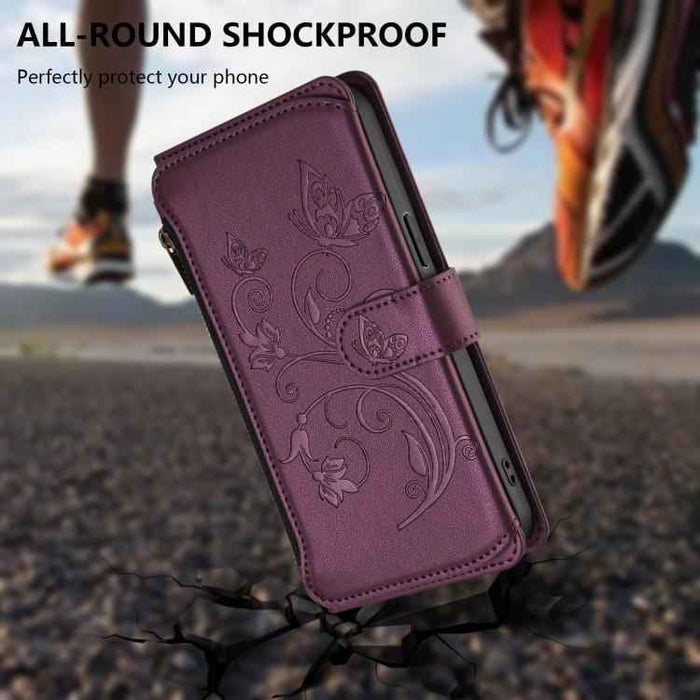 For iPhone 16 Pro Butterfly Love Flower Multi-card Zipper Wallet Leather Phone Case(Dark Purple)