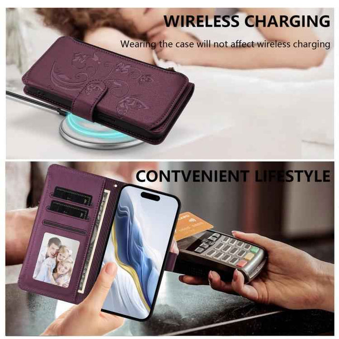 For iPhone 16 Pro Butterfly Love Flower Multi-card Zipper Wallet Leather Phone Case(Dark Purple)