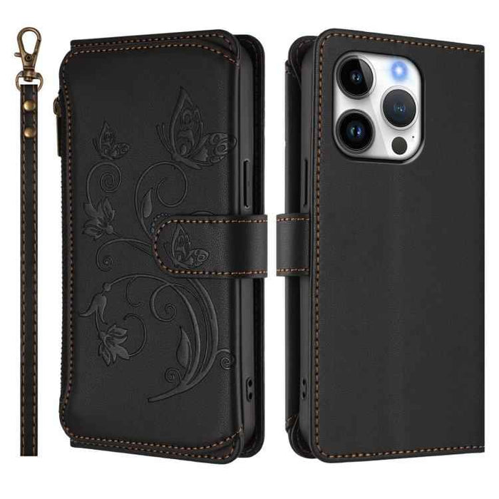 For iPhone 16 Pro Butterfly Love Flower Multi-card Zipper Wallet Leather Phone Case(Black)