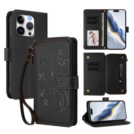 For iPhone 16 Pro Butterfly Love Flower Multi-card Zipper Wallet Leather Phone Case(Black)