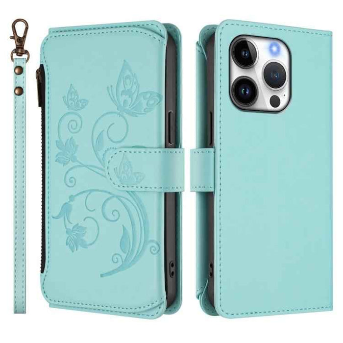 For iPhone 16 Pro Butterfly Love Flower Multi-card Zipper Wallet Leather Phone Case(Mint Green)