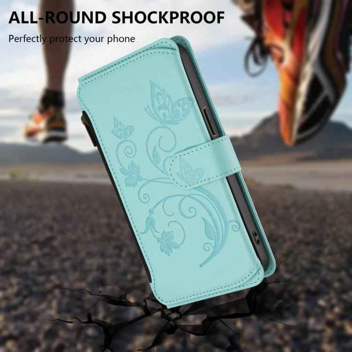 For iPhone 16 Pro Butterfly Love Flower Multi-card Zipper Wallet Leather Phone Case(Mint Green)
