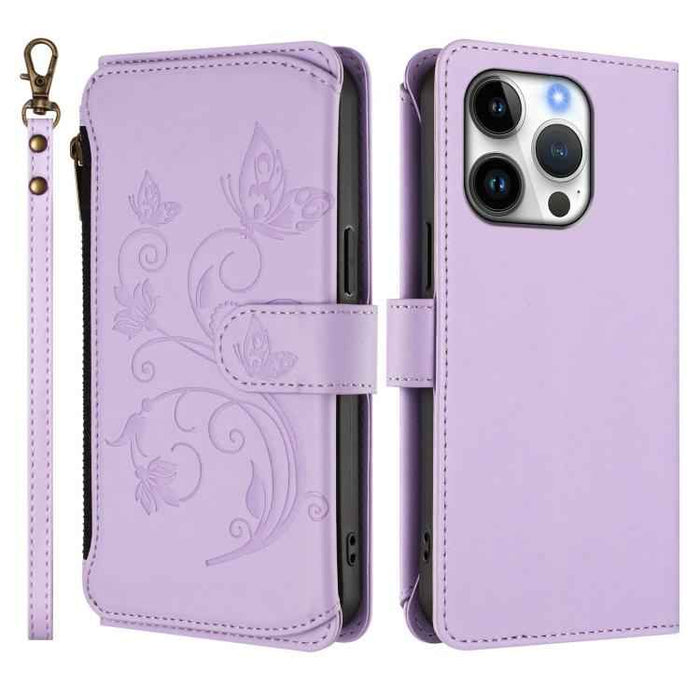 For iPhone 16 Pro Butterfly Love Flower Multi-card Zipper Wallet Leather Phone Case(Light Purple)