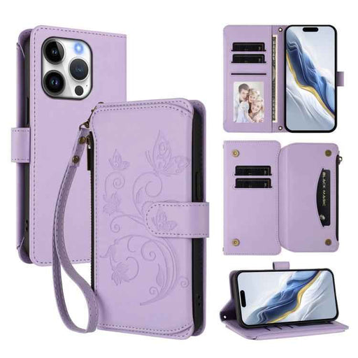 For iPhone 16 Pro Butterfly Love Flower Multi-card Zipper Wallet Leather Phone Case(Light Purple)