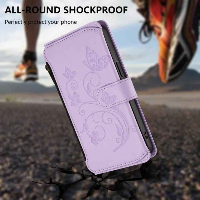 For iPhone 16 Pro Butterfly Love Flower Multi-card Zipper Wallet Leather Phone Case(Light Purple)