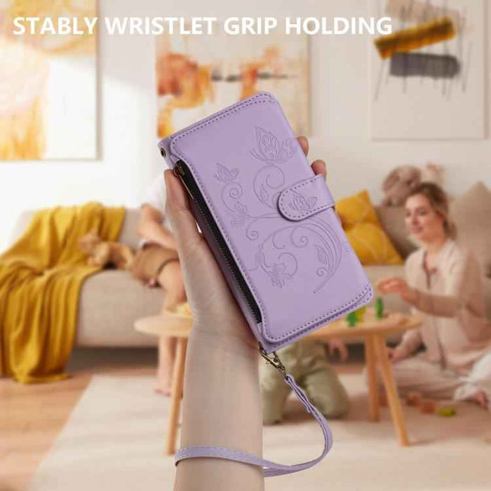 For iPhone 16 Pro Butterfly Love Flower Multi-card Zipper Wallet Leather Phone Case(Light Purple)