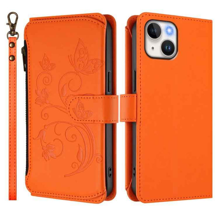 For iPhone 15 Butterfly Love Flower Multi-card Zipper Wallet Leather Phone Case(Orange)