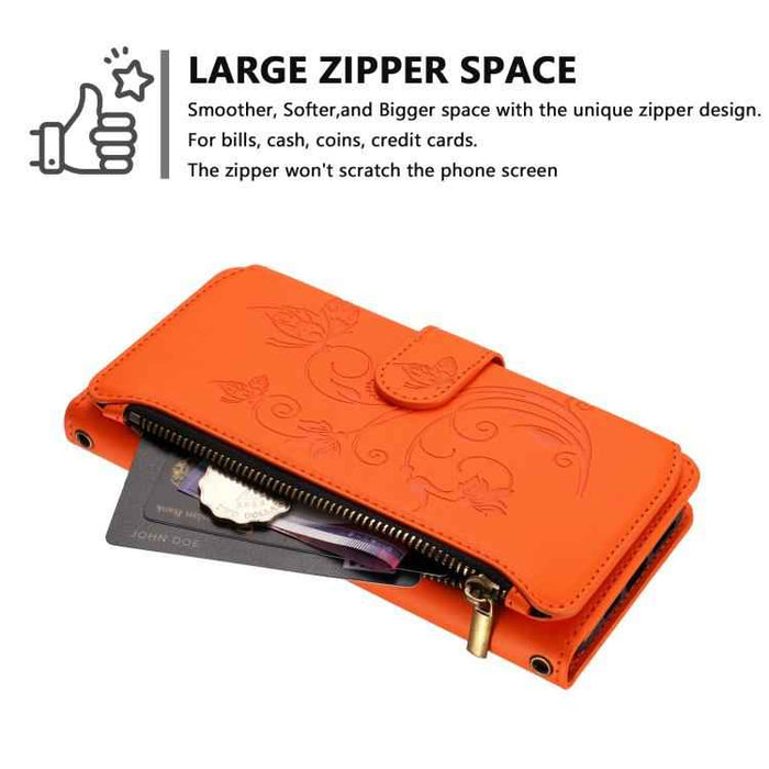 For iPhone 15 Butterfly Love Flower Multi-card Zipper Wallet Leather Phone Case(Orange)