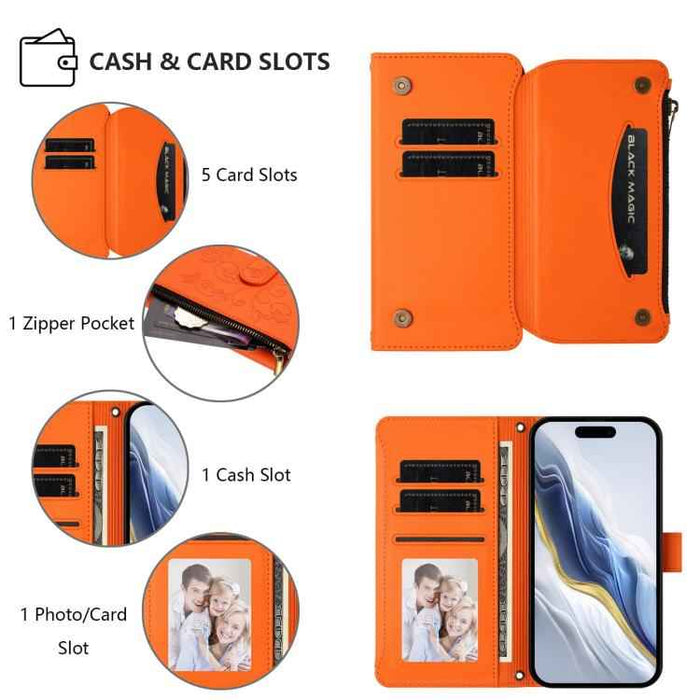 For iPhone 15 Butterfly Love Flower Multi-card Zipper Wallet Leather Phone Case(Orange)