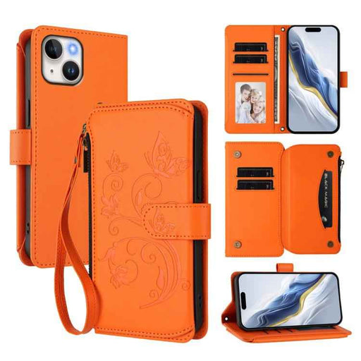 For iPhone 15 Butterfly Love Flower Multi-card Zipper Wallet Leather Phone Case(Orange)