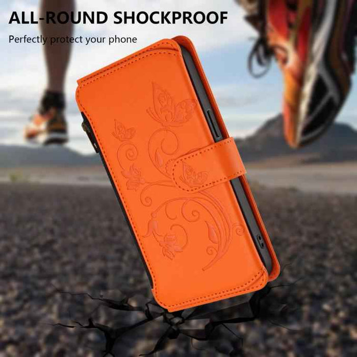 For iPhone 15 Butterfly Love Flower Multi-card Zipper Wallet Leather Phone Case(Orange)