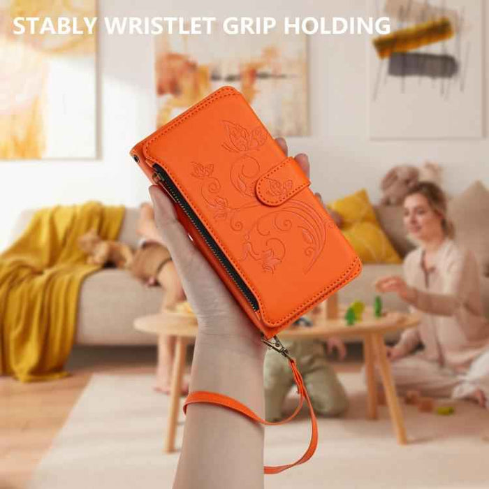 For iPhone 15 Butterfly Love Flower Multi-card Zipper Wallet Leather Phone Case(Orange)