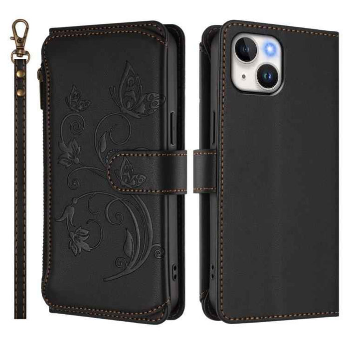 For iPhone 15 Butterfly Love Flower Multi-card Zipper Wallet Leather Phone Case(Black)