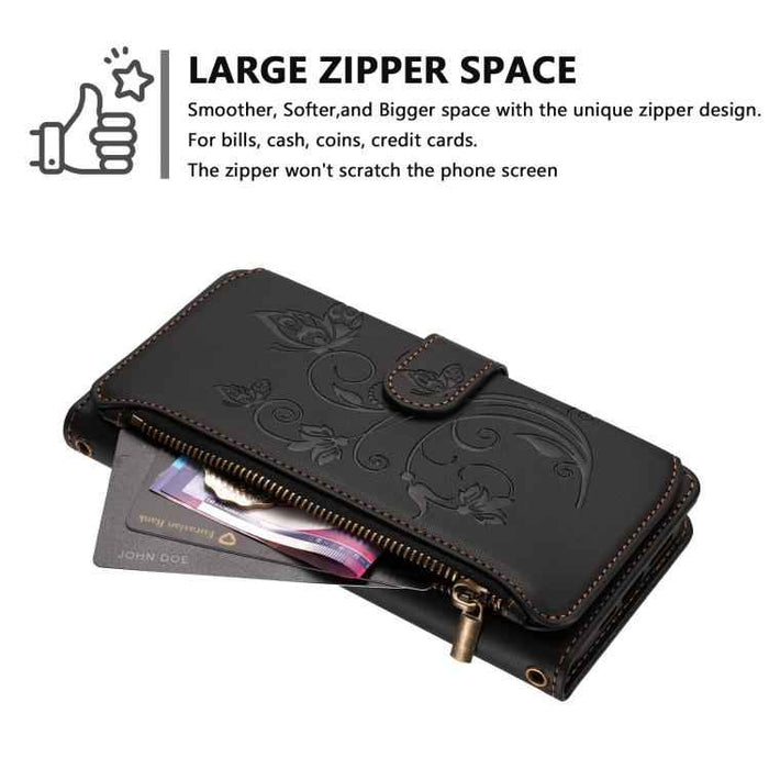For iPhone 15 Butterfly Love Flower Multi-card Zipper Wallet Leather Phone Case(Black)