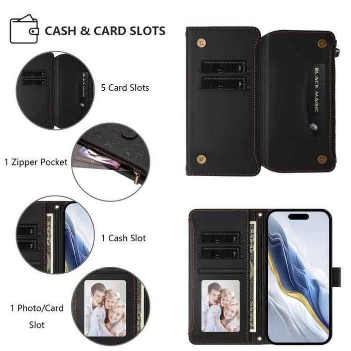 For iPhone 15 Butterfly Love Flower Multi-card Zipper Wallet Leather Phone Case(Black)