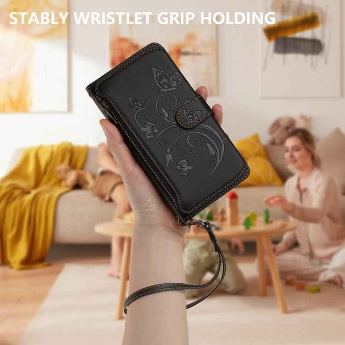 For iPhone 15 Butterfly Love Flower Multi-card Zipper Wallet Leather Phone Case(Black)