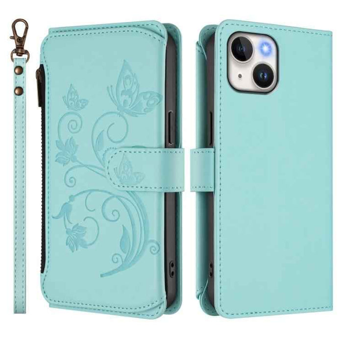 For iPhone 15 Butterfly Love Flower Multi-card Zipper Wallet Leather Phone Case(Mint Green)