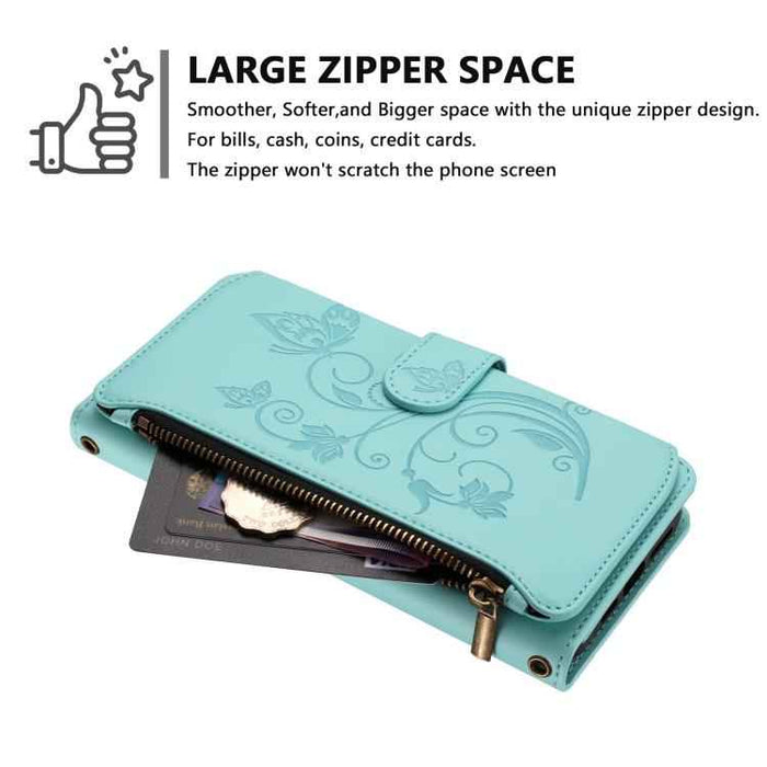 For iPhone 15 Butterfly Love Flower Multi-card Zipper Wallet Leather Phone Case(Mint Green)