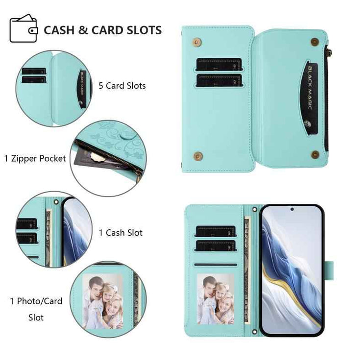 For iPhone 15 Butterfly Love Flower Multi-card Zipper Wallet Leather Phone Case(Mint Green)