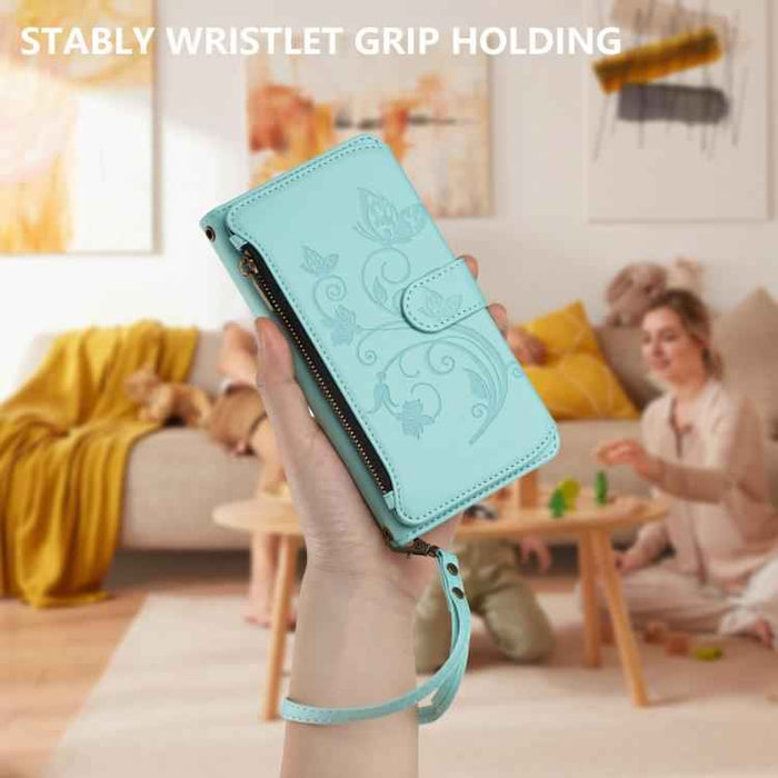For iPhone 15 Butterfly Love Flower Multi-card Zipper Wallet Leather Phone Case(Mint Green)