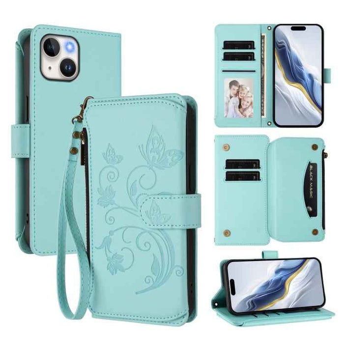 For iPhone 15 Butterfly Love Flower Multi-card Zipper Wallet Leather Phone Case(Mint Green)