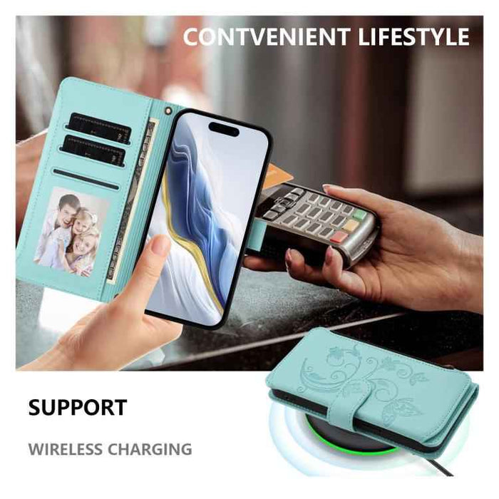 For iPhone 15 Butterfly Love Flower Multi-card Zipper Wallet Leather Phone Case(Mint Green)
