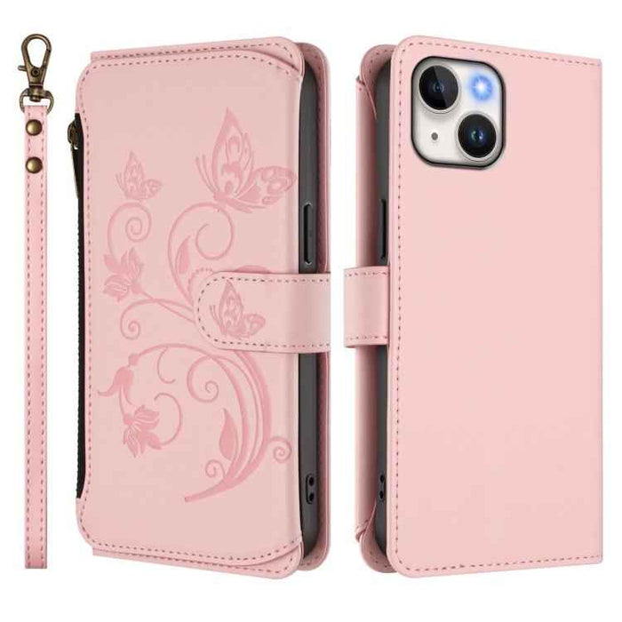 For iPhone 15 Butterfly Love Flower Multi-card Zipper Wallet Leather Phone Case(Pink)