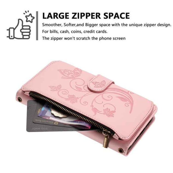 For iPhone 15 Butterfly Love Flower Multi-card Zipper Wallet Leather Phone Case(Pink)