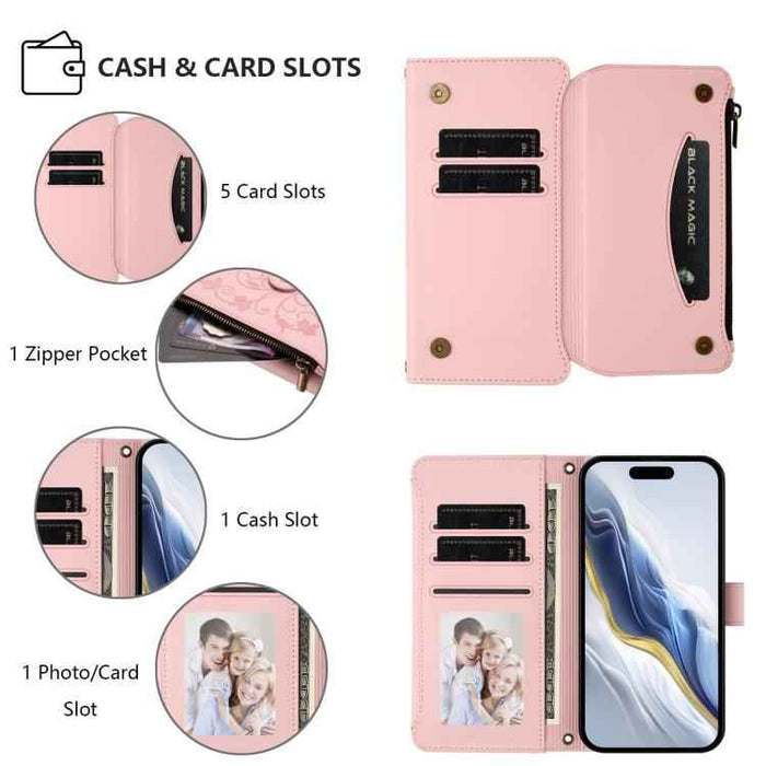 For iPhone 15 Butterfly Love Flower Multi-card Zipper Wallet Leather Phone Case(Pink)