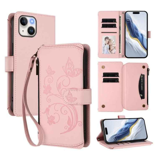 For iPhone 15 Butterfly Love Flower Multi-card Zipper Wallet Leather Phone Case(Pink)