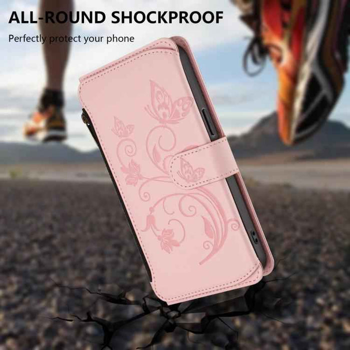 For iPhone 15 Butterfly Love Flower Multi-card Zipper Wallet Leather Phone Case(Pink)