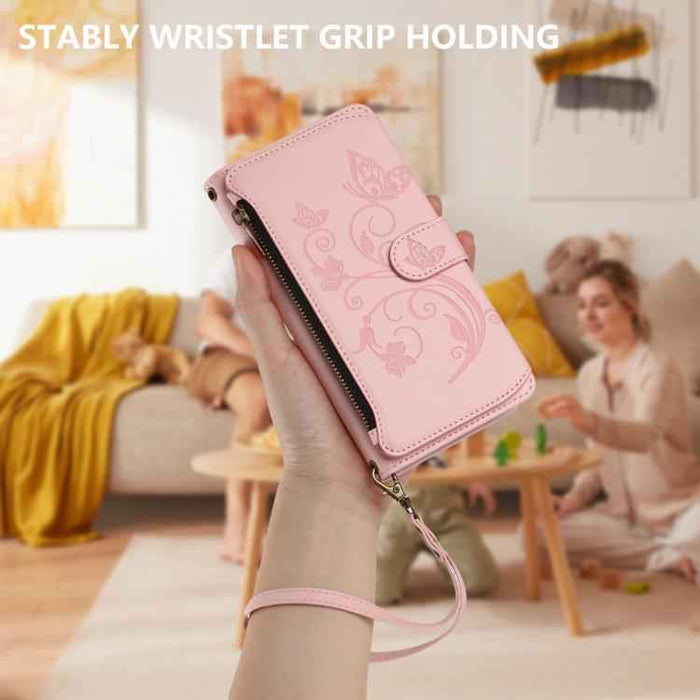 For iPhone 15 Butterfly Love Flower Multi-card Zipper Wallet Leather Phone Case(Pink)