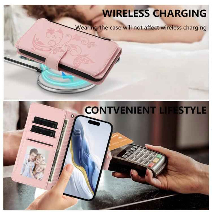 For iPhone 15 Butterfly Love Flower Multi-card Zipper Wallet Leather Phone Case(Pink)