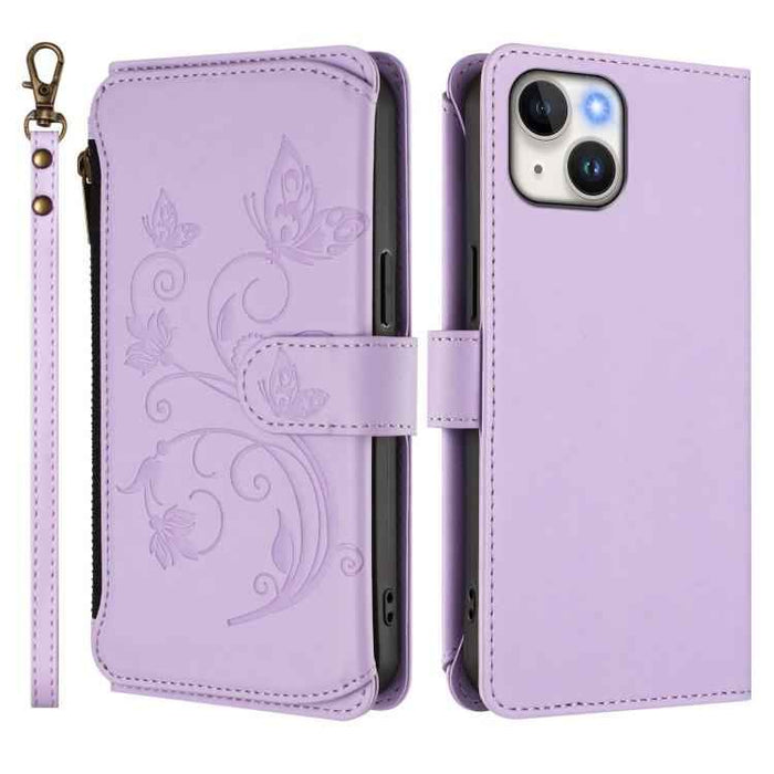 For iPhone 15 Butterfly Love Flower Multi-card Zipper Wallet Leather Phone Case(Light Purple)