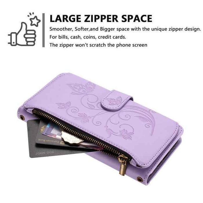 For iPhone 15 Butterfly Love Flower Multi-card Zipper Wallet Leather Phone Case(Light Purple)