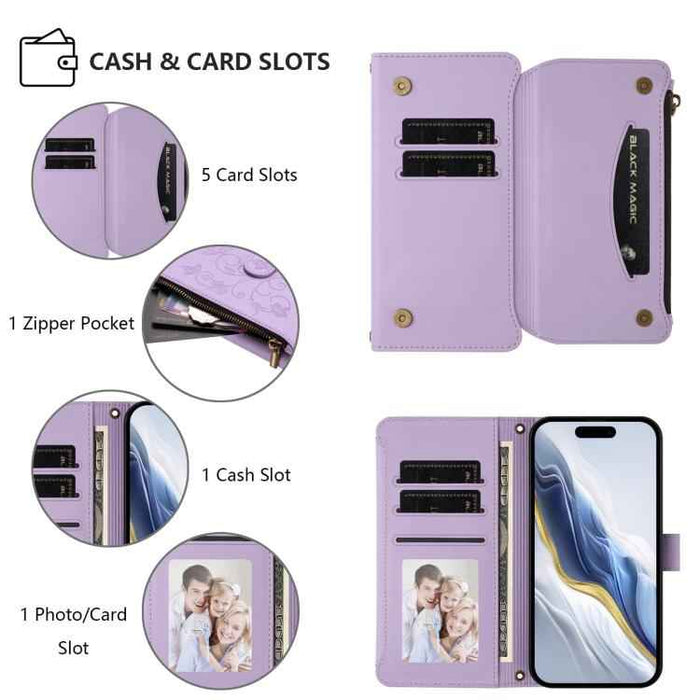 For iPhone 15 Butterfly Love Flower Multi-card Zipper Wallet Leather Phone Case(Light Purple)