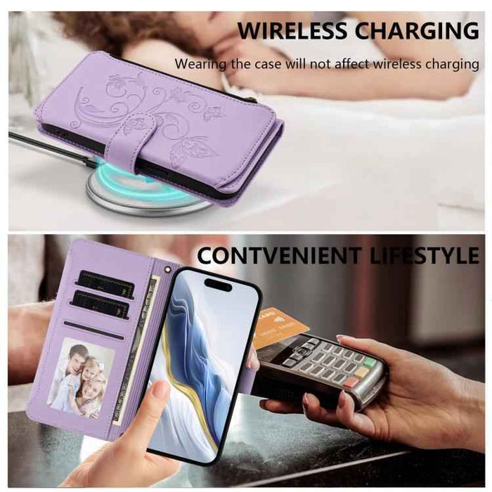 For iPhone 15 Butterfly Love Flower Multi-card Zipper Wallet Leather Phone Case(Light Purple)