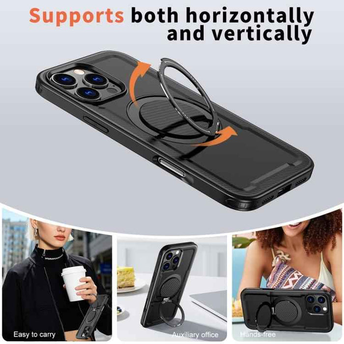 For iPhone 16 Pro Metal 360 Degree Rotation Holder MagSafe Phone Case(Black)