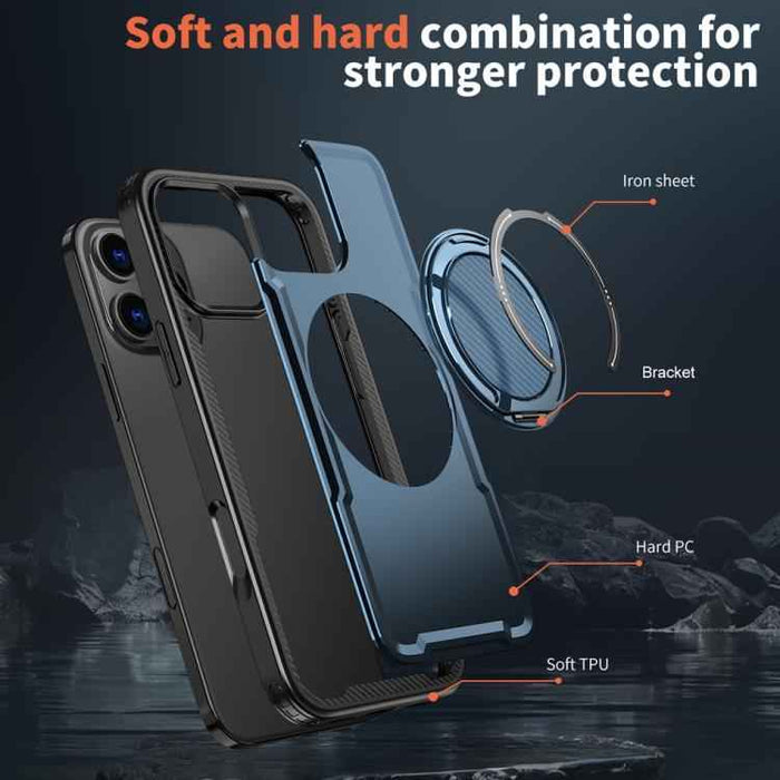 For iPhone 16 Pro Metal 360 Degree Rotation Holder MagSafe Phone Case(Navy Blue)