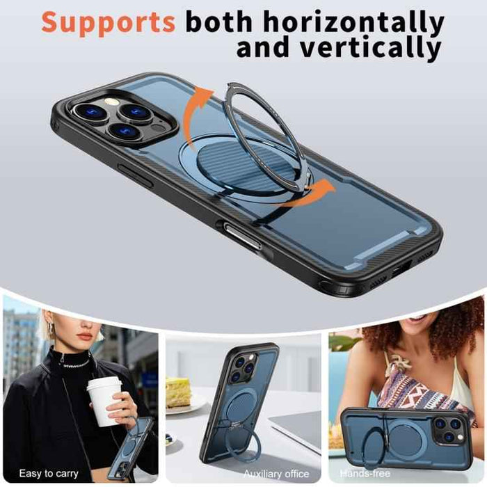 For iPhone 16 Pro Metal 360 Degree Rotation Holder MagSafe Phone Case(Navy Blue)