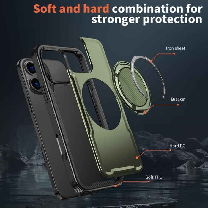 For iPhone 16 Pro Metal 360 Degree Rotation Holder MagSafe Phone Case(Olive Green)
