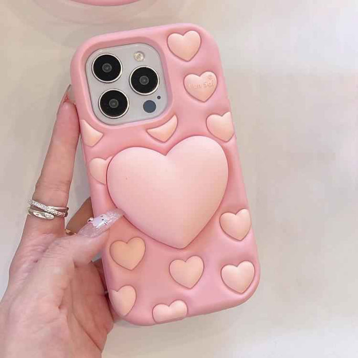 For iPhone 16 Pro 3D Heart Holder Silicone Phone Case(Pink)