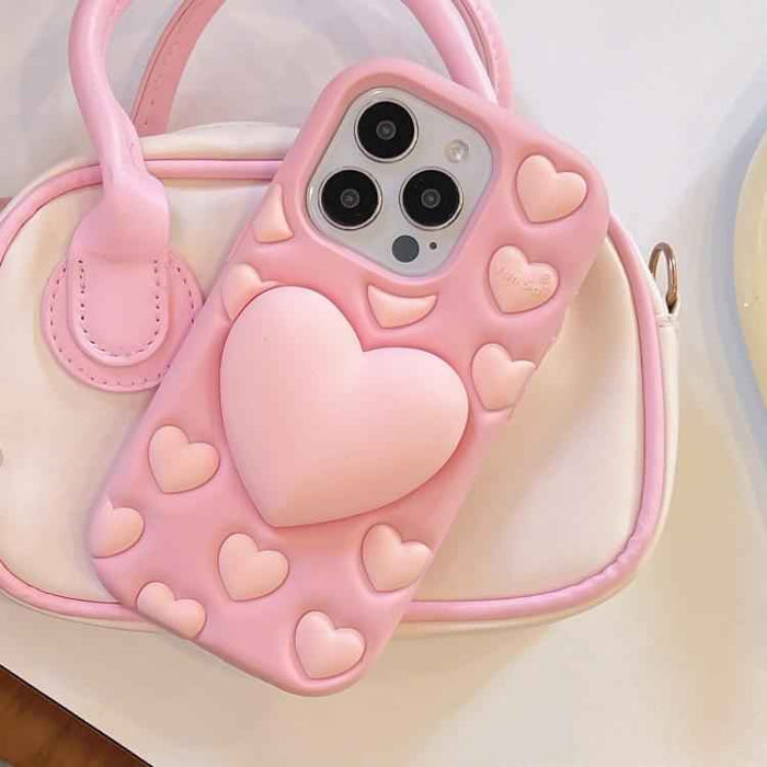 For iPhone 16 Pro 3D Heart Holder Silicone Phone Case(Pink)