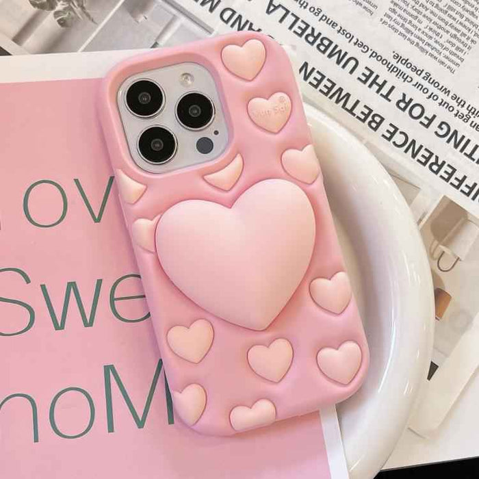 For iPhone 15 3D Heart Holder Silicone Phone Case(Pink)