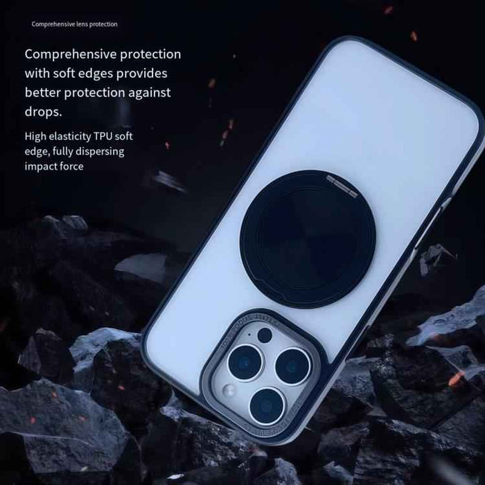 For iPhone 16 Pro Semi-Transparent 360 Rotation Holder MagSafe Phone Case(Black)