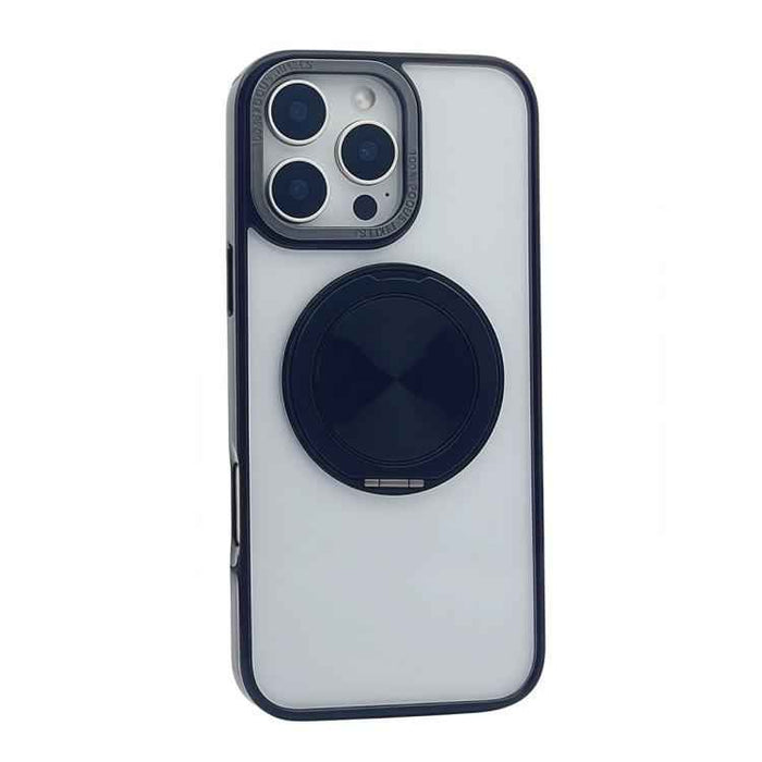 For iPhone 15 Semi-Transparent 360 Rotation Holder MagSafe Phone Case(Black)