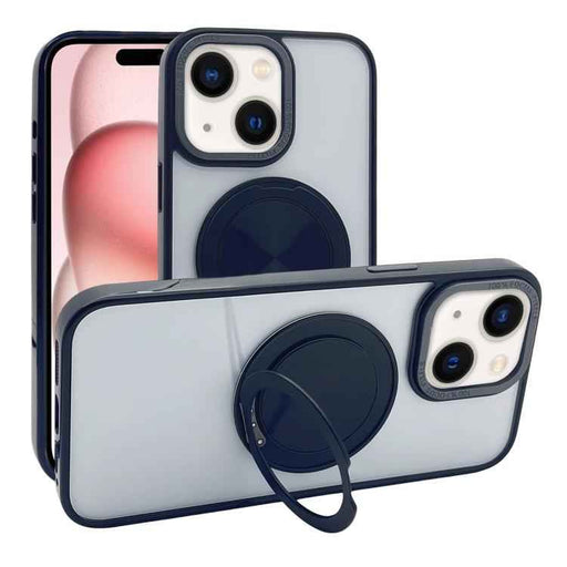 For iPhone 15 Semi-Transparent 360 Rotation Holder MagSafe Phone Case(Black)