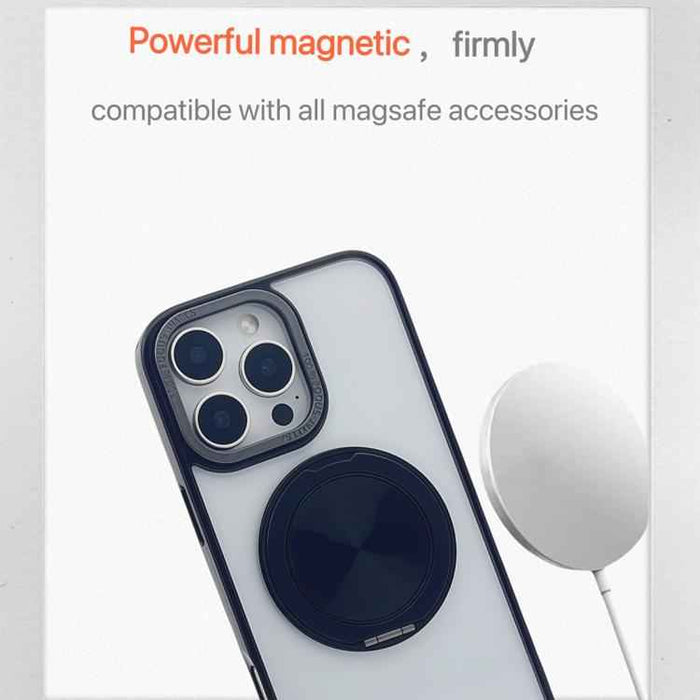For iPhone 15 Semi-Transparent 360 Rotation Holder MagSafe Phone Case(Black)