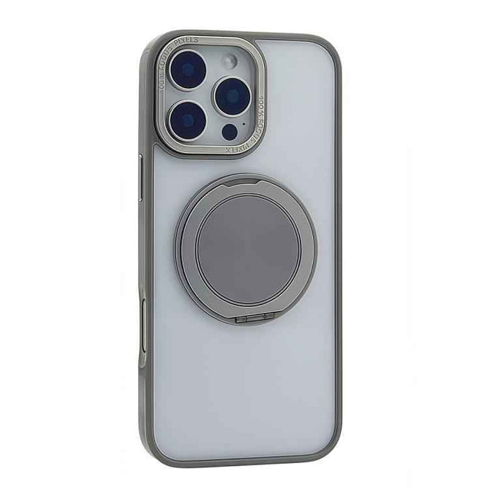 For iPhone 15 Semi-Transparent 360 Rotation Holder MagSafe Phone Case(Grey)